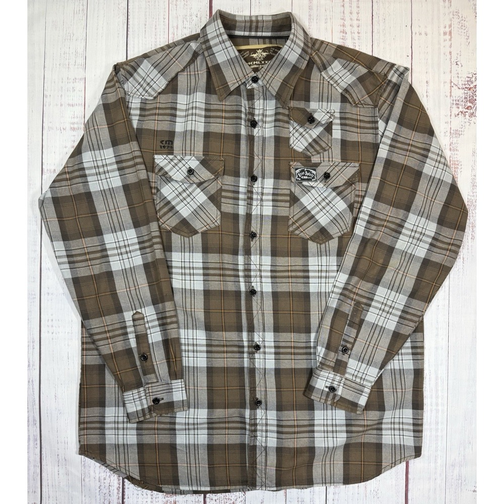 Free Spirt Koman Sports Long Sleeve Button Down Mens Size XL Brown Grey Plaid - Picture 1 of 7